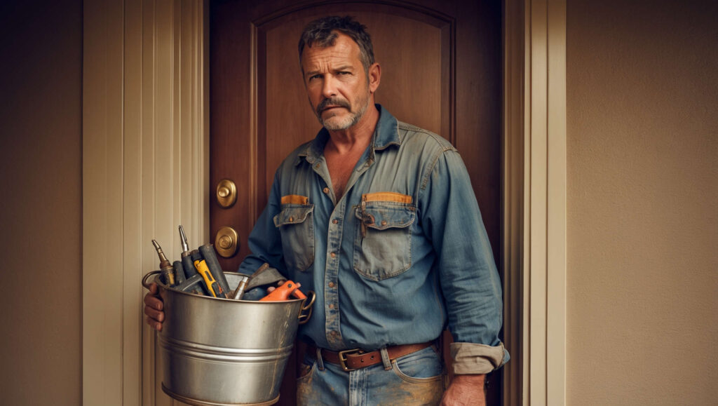 Handwerker an der Türe mir Werkzeug im Eimer